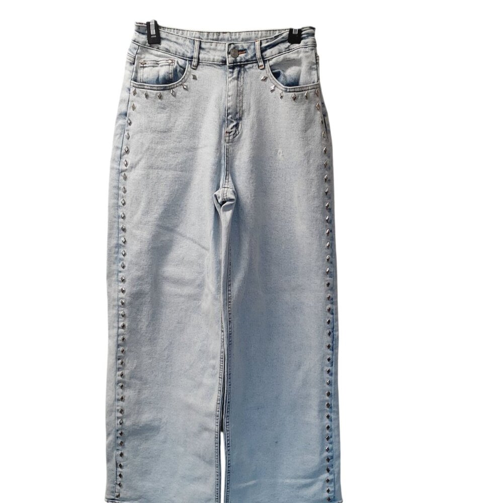 Blue b. Womens Jeans Medium Light Blue Wide Leg Cotton Blend Embedded Studded